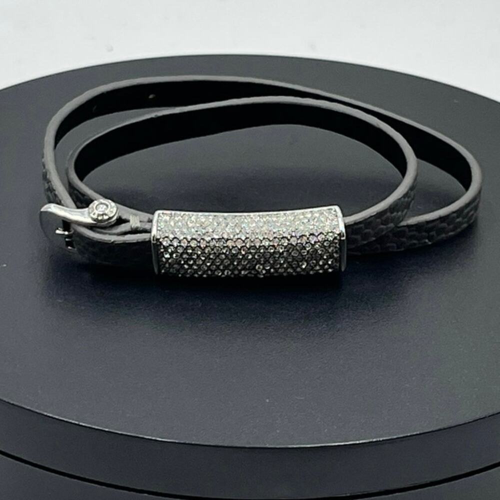 Henri Bendel Rivington Pebbled Grey Leather and White Crystal Pave Wrap Bracelet